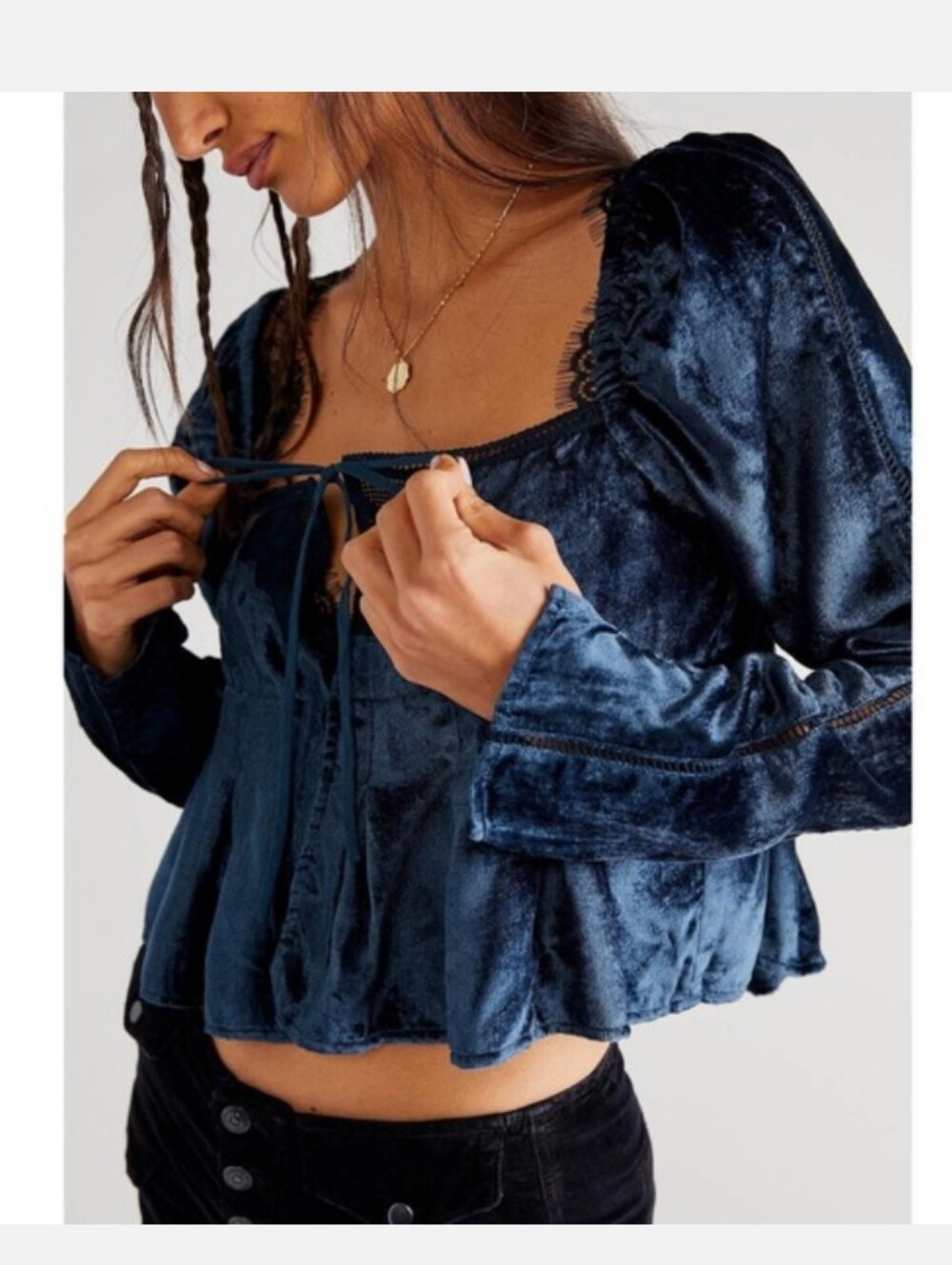 Free People Bali Heirloom Rose Crushed Velvet Long Sleeve Crop Blue Top Small